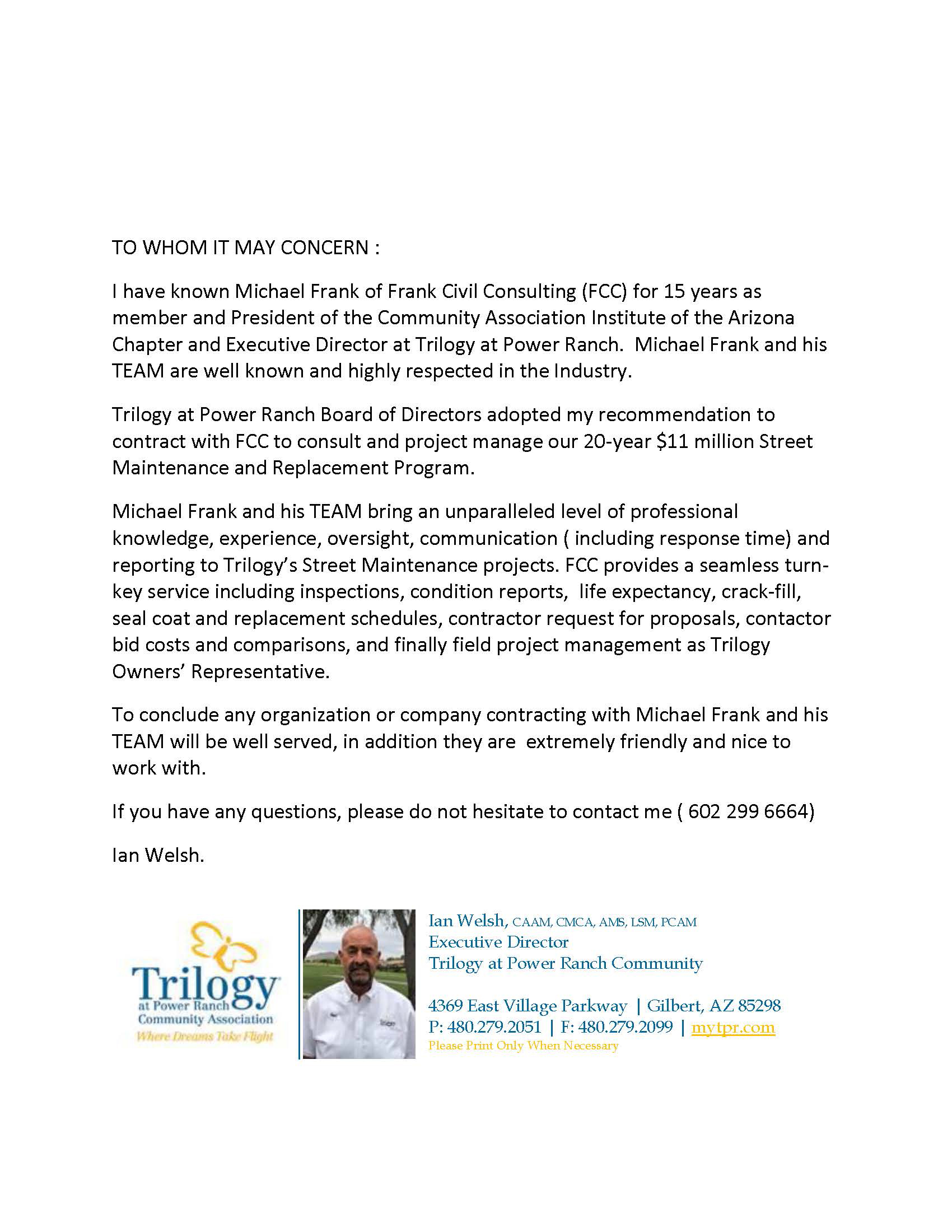 Trilogy at Power Ranch - Letter of Recommendation